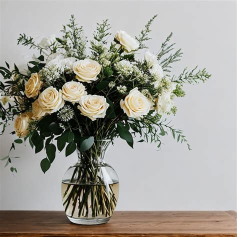 Premium Ai Image White Flowers In Glass Vase On Wooden Table