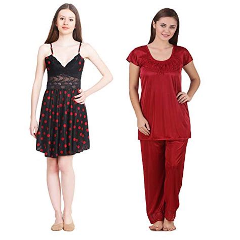 Buy Trost Womens Girls Satin HOT Bold HONNYMOON Nighty Nightwear Combo Set For Sexy Look Red
