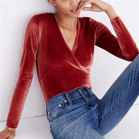 Madewell Rusty Orange Velvet Wrap Bodysuit Gem