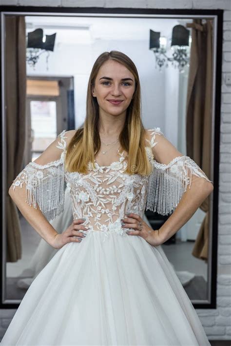 Beautiful Blonde Bride Posing In Wedding Dress Stock Image Image Of Feminine Adult 174645229