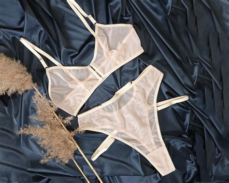 Beige Sheer Lingerie Set Mesh Lingerie Transparent Lingerie See Through Lingerie Nude Lingerie