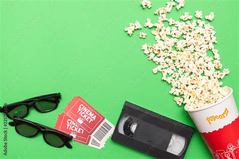 Movie time, flat lay with space for text. Cinema minimal concept ...