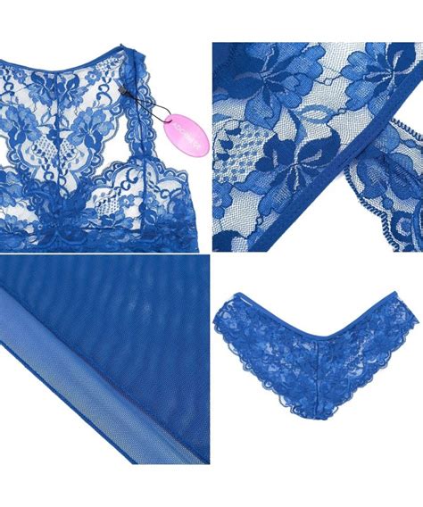 Women Sexy Babydoll Lingerie Set Sheer Lace Mesh Sleepwear Chemises Dark Blue Ci Ui Gl