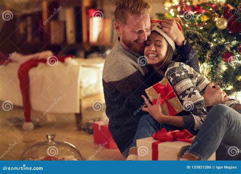 Christmas Romantic Sensual Couple In Love To Cold Winter Over