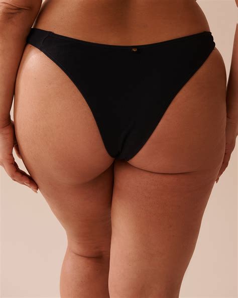 Solid Recycled Fibers Gathered Thong Bikini Bottom Black La Vie En Rose