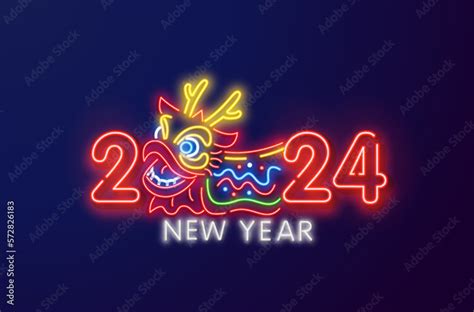 2024 Happy Chinese New Year neon greetings card, flyers, poster in