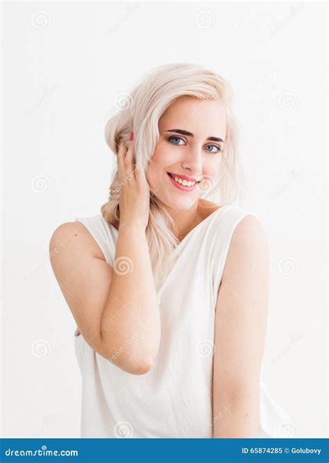 Happy Blonde Flirts And Laughs Stock Image Image Of Flirt Blue