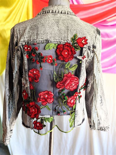 Red Flowers In Tull On A Black Denim Jacket Embellished Denim Jacket