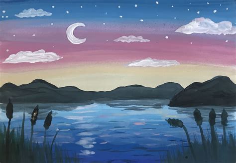 Простой пейзаж гуашью. Рассвет над озером. Урок рисования для ...