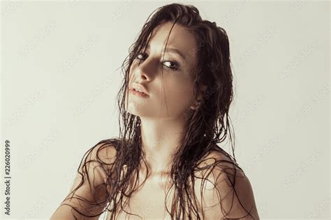 Stunning Beautiful Dark Hair Girl Stripped In Lingerie On White