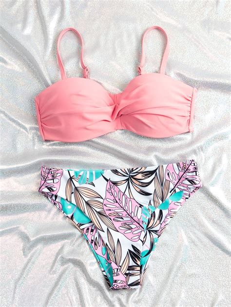 Shein Swim Tropikalny Zestaw Bikini Twist Push Up Biustonosz I D Bikini Cz Ciowy Kostium