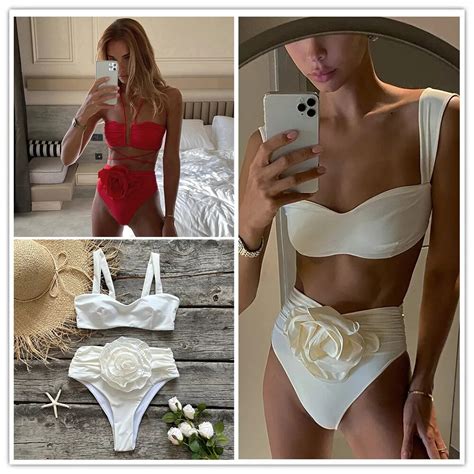 Two Pieces Women Floral Lace Up Push Up Padded Bra White Bikini Set Swimsuit Swimwear