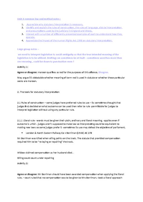 Common law 4 - lll - Unit 4 common law and method notes : Appreciate ...