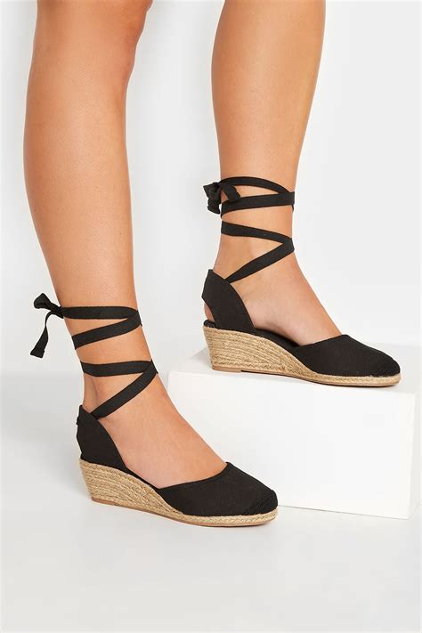 Black Lace Up Espadrille Wedges In Wide E Fit Extra Wide EEE Fit