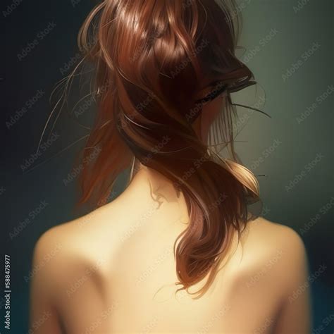 Naked Woman With Long Brown Hair Back View Nude Girl Close Up Alone Generative Ai Stock
