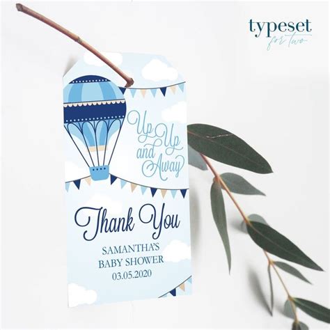 Thank You Tags Up Up And Away A Baby Is On The Way Blue Hot Air Balloon Baby Shower Blue