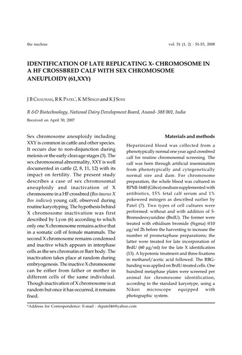 PDF Identification Of Late Replicating X Chromosome In A HF Crossbred Calf With Sex