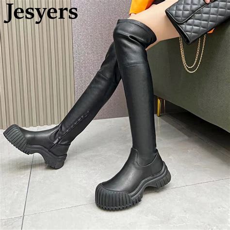 Knee Leather Boots Round Toe Knee Leather Boots Flat Knee High Flat