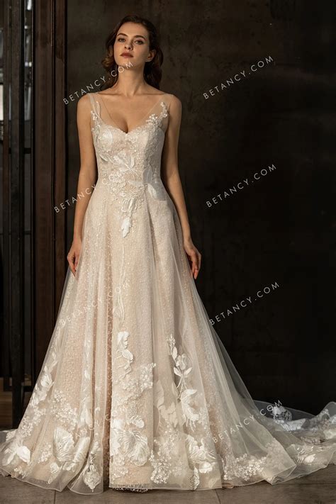 Romantic Sequin Lace Pink Nude Wholesale Wedding Dress BETANCY