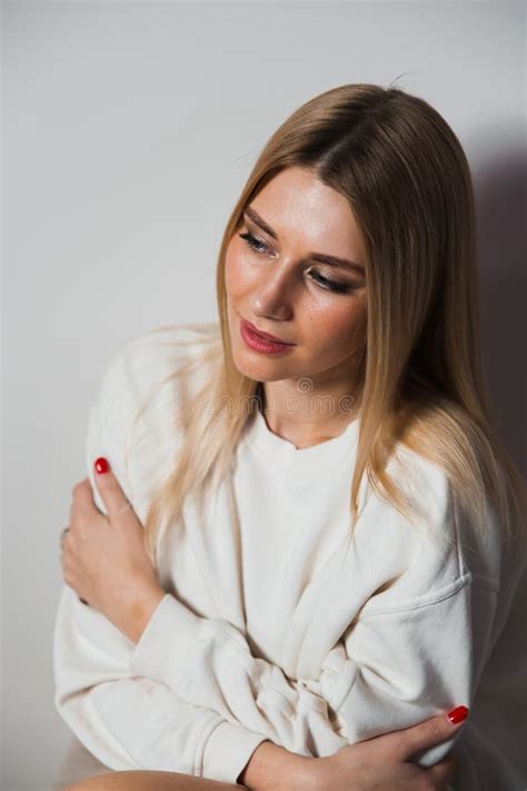 Beautiful Glamour Long Hair Woman Posing For Camera Photographer Wearing White Sweater On Naked