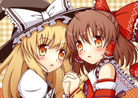 Girls Blonde Hair Blush Brown Hair Close Hakurei Reimu Japanese Clothes Kirisame Marisa Miko