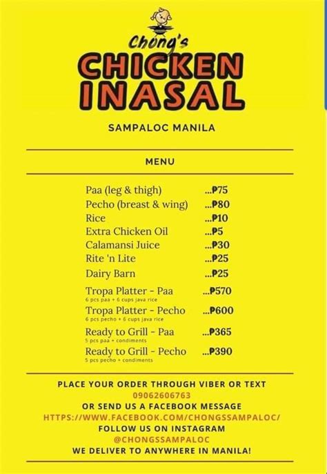 Menu At Chongs Chicken Inasal Sampaloc Manila Branch Restaurant Manila