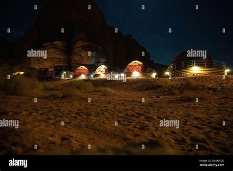 Desert Accommodation At Night Photographed In Wadi Rum Jordan Stock