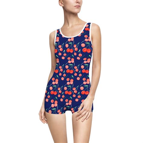 Navy Cherry One-Piece Swimsuit — Vintage Boyshort Swimwear | allska