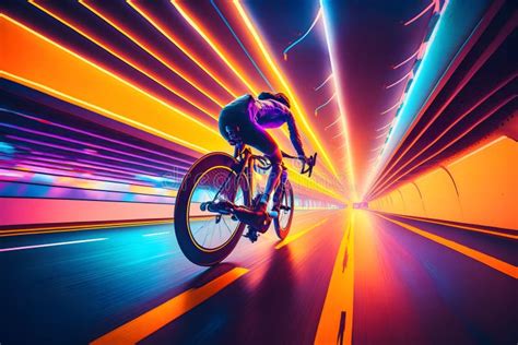 The Cyclist Rides On His Bike At Synthwave Background Neural Network