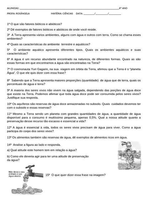 Questões Sobre Água 6o Ano - 6 Ano Tividade Sobre A Água | PDF