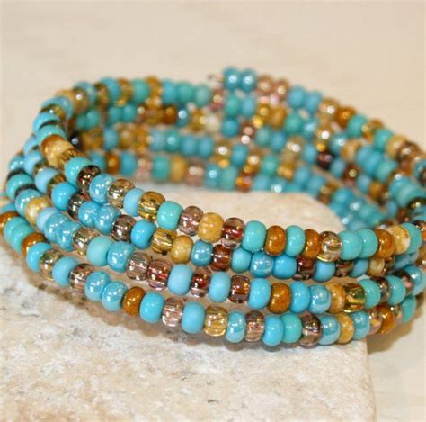 Southwest Turquoise Bracelet Czech Glass Memory Wire Etsy Beaded