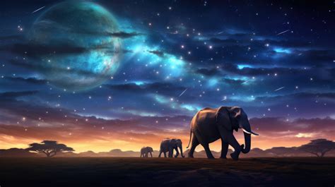 An Artistic Depiction Of A Herd Of Elephants Walking Under A Starry