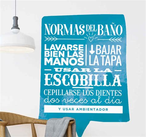 Frase vinilo pared normas del baño fondo azul TenVinilo