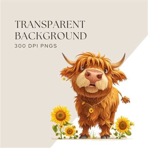 Quirky Highland Cows Watercolor Clipart With Sunflowers, Cute Cows