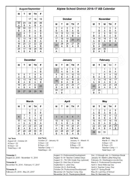 2016 - 2017 District AB Calendar | Alpine School District – American ...