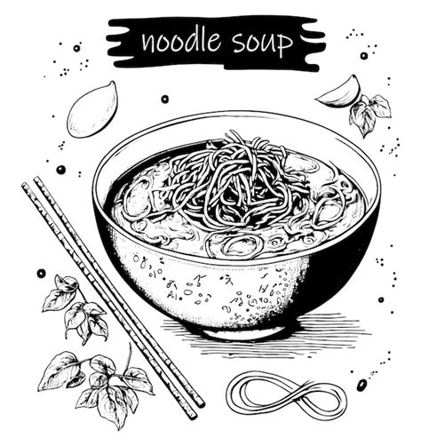 Sopa De Fideos Dibujada A Mano Comida Asiática Vector Premium