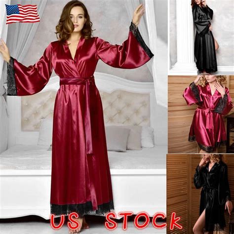 Us Womens Satin Silk Sexy Night Dress Lace Bride Long Kimono Robe