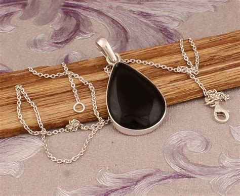 925 Sterling Silver Natural Black Onyx Pendant Necklace Black Etsy
