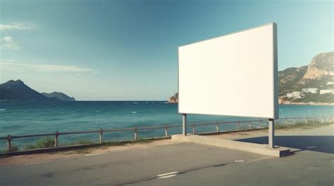 A Large White Billboard On The Side Of The Road With The Sea In The