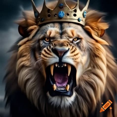 Roaring Lion On Peak With Black Mane And Forest Background On Craiyon