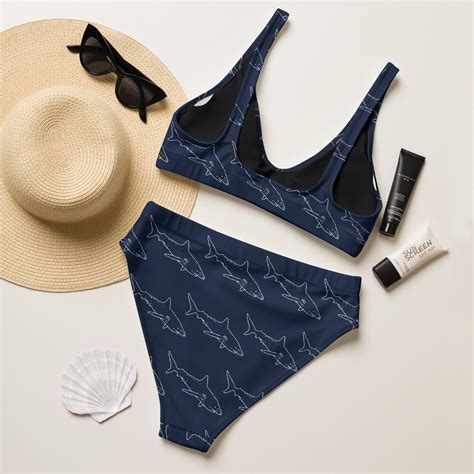 Shark Bikini Set In Navy Recycled High Waisted Bikini Etsy