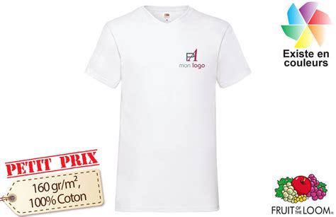 T shirt col V fruit of the loom blanc homme publicitaire personnalisé