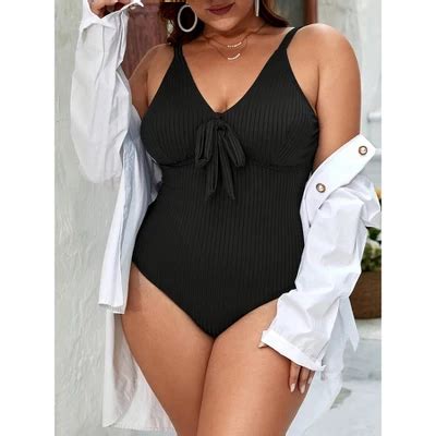 Plus Size Womens Ribbed One Piece Bikini Swimsuit Summer Seeveless Knot Front Monokini Swimwear