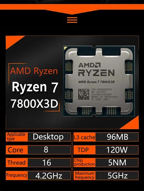 Ryzen 7 7800X3D 4.2-5.0GHz 8-Core 16-Thread CPU Processor 5NM L3=96M ...