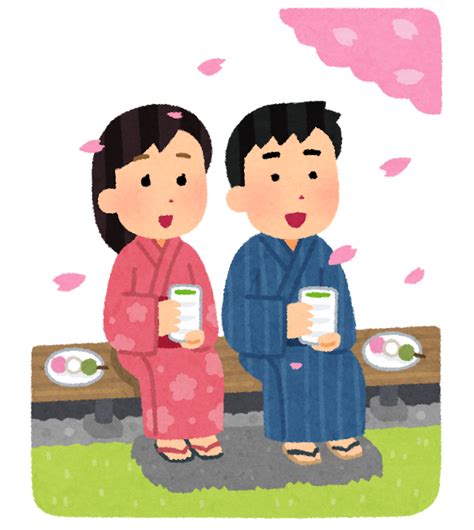 縁側で花見をする人のイラスト（カップル） | かわいいフリー素材集 いらすとや