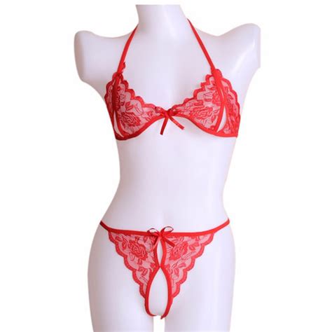 Promo Bra Set Open G String Lingerie Wanita Lace Bra Transparan Sexy A Merah All Size