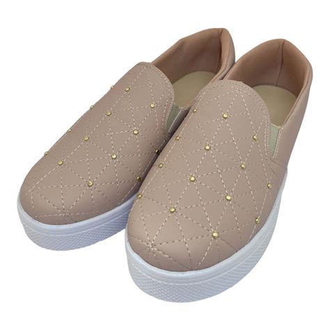 Tenis Feminino Slip On Nude Strass Levessima Confortavel Shopee