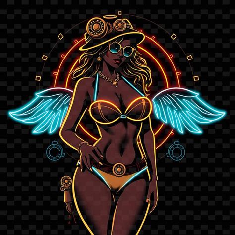 Curvy Woman In Bikini Neon Steampunk Art Design With Bronze And Metallic Theme Decorated With