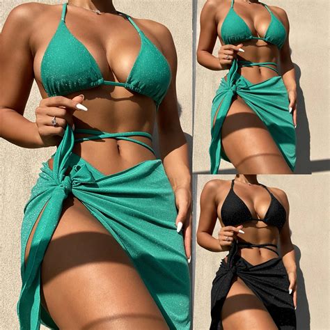 2023 New Spandex Three Piece Bikini Solid Colors Sexy Womens Swimwear Quick Drying Triangle