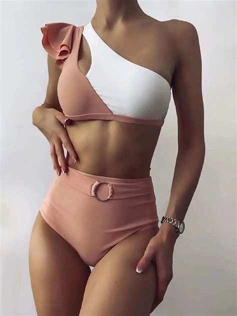 Sexy Splicing Ruffled One Shoulder Female Swimsuit High Waist Bikini